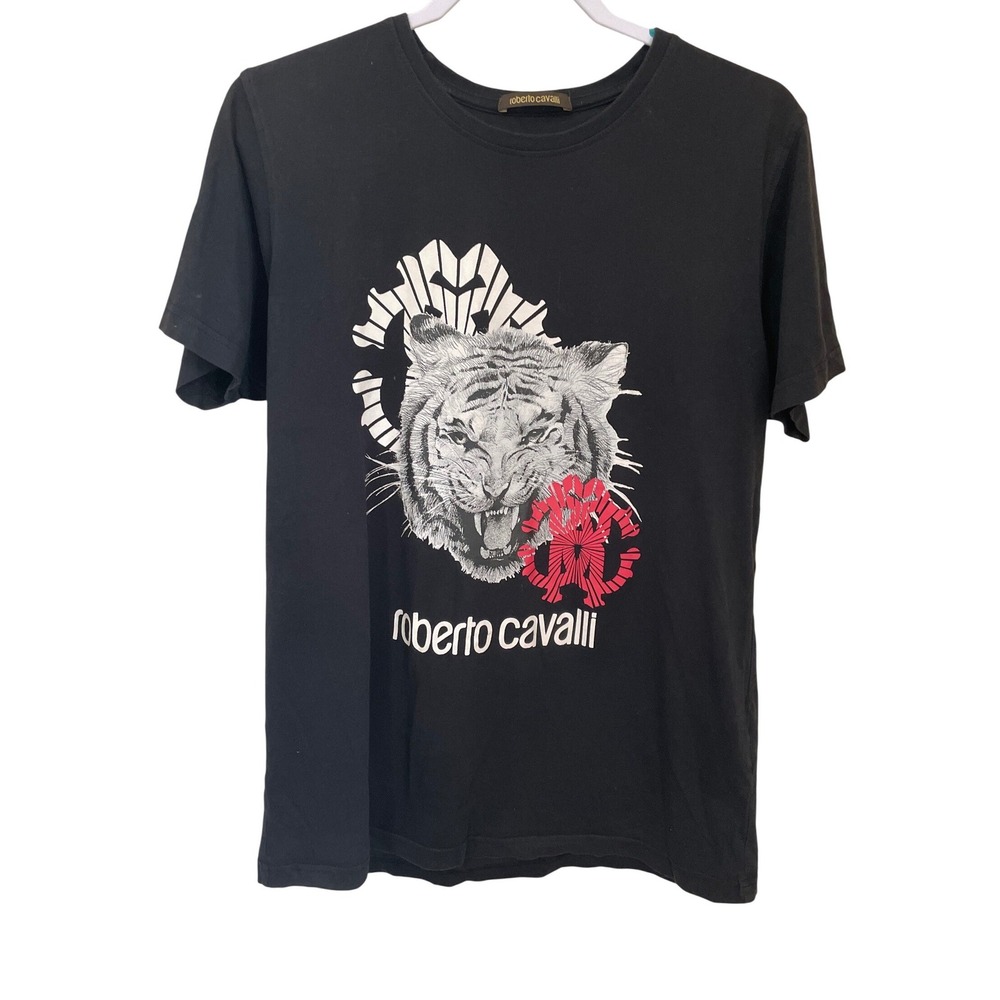 Roberto Cavalli Mens XL Black Tiger Graphic Logo T-Shirt HST600